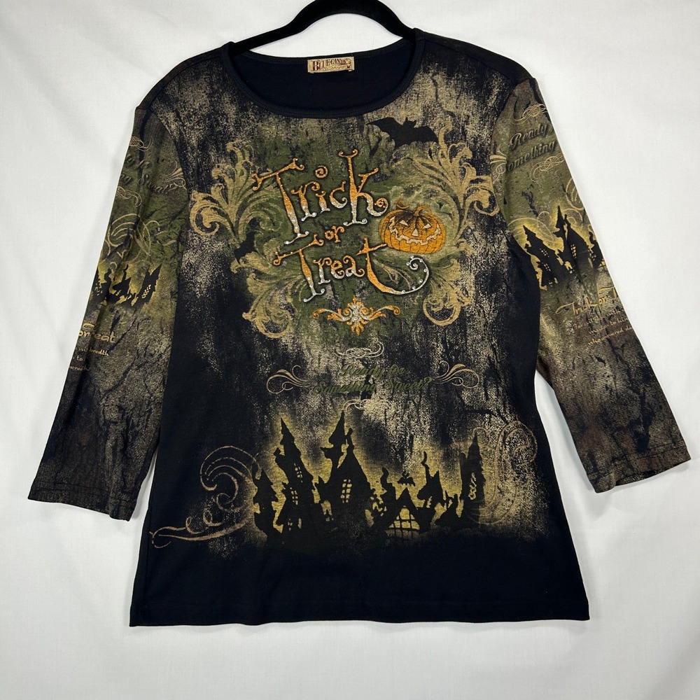 Vintage Blue Canyon Halloween Trick or Treat Rhinestone Top Haunted House Medium